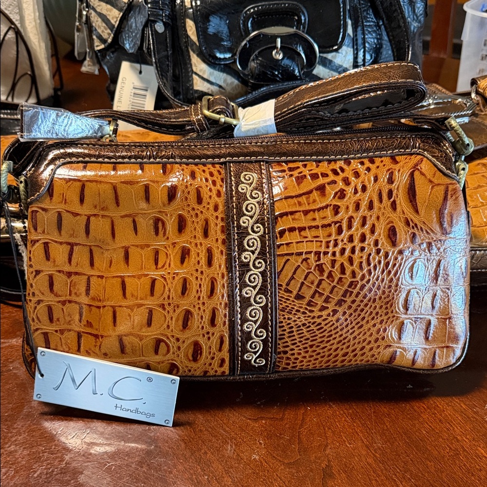 M.C. Handbags Brown Crocodile Pattern Crossbody Bag